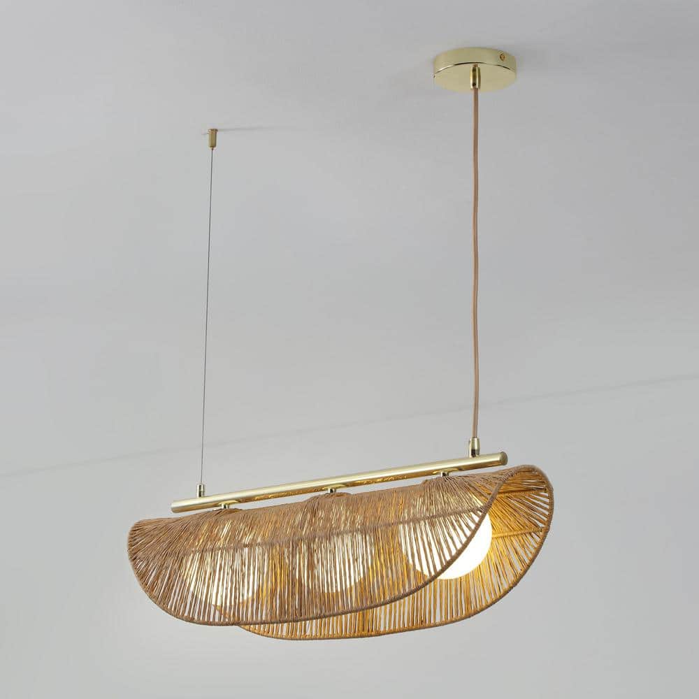Sovev 27.5 in. Brass Bohemian Pendant Light with Rattan and Glass Shades