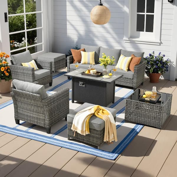 HOOOWOOO Scarlet 7-Piece Wicker Outdoor Fire Pit Patio Conversation Sofa Set with a Solar Lighted Table and Dark Grey Cushions