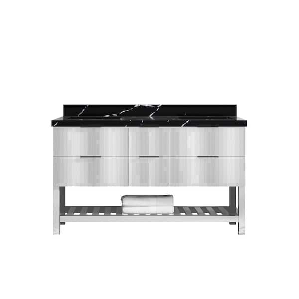 Willow Collections Catalina 60 in. Double Sink Freestanding Fine Grain Bath Vanity with Calacatta Black Qt. Top Unassembled
