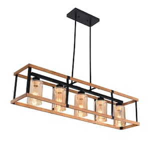 40.35 in. 5-Light Brown Rectangle Industrial Island Pendant Light with Glass Shade, No Bulbs Included