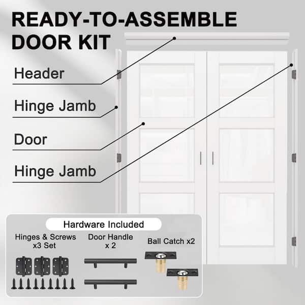 60 in. x 80 in. 3-Lite Clear Glass Universal White Solid Core Glass Double Prehung French Door+ Separate Jamb&Ball Catch
