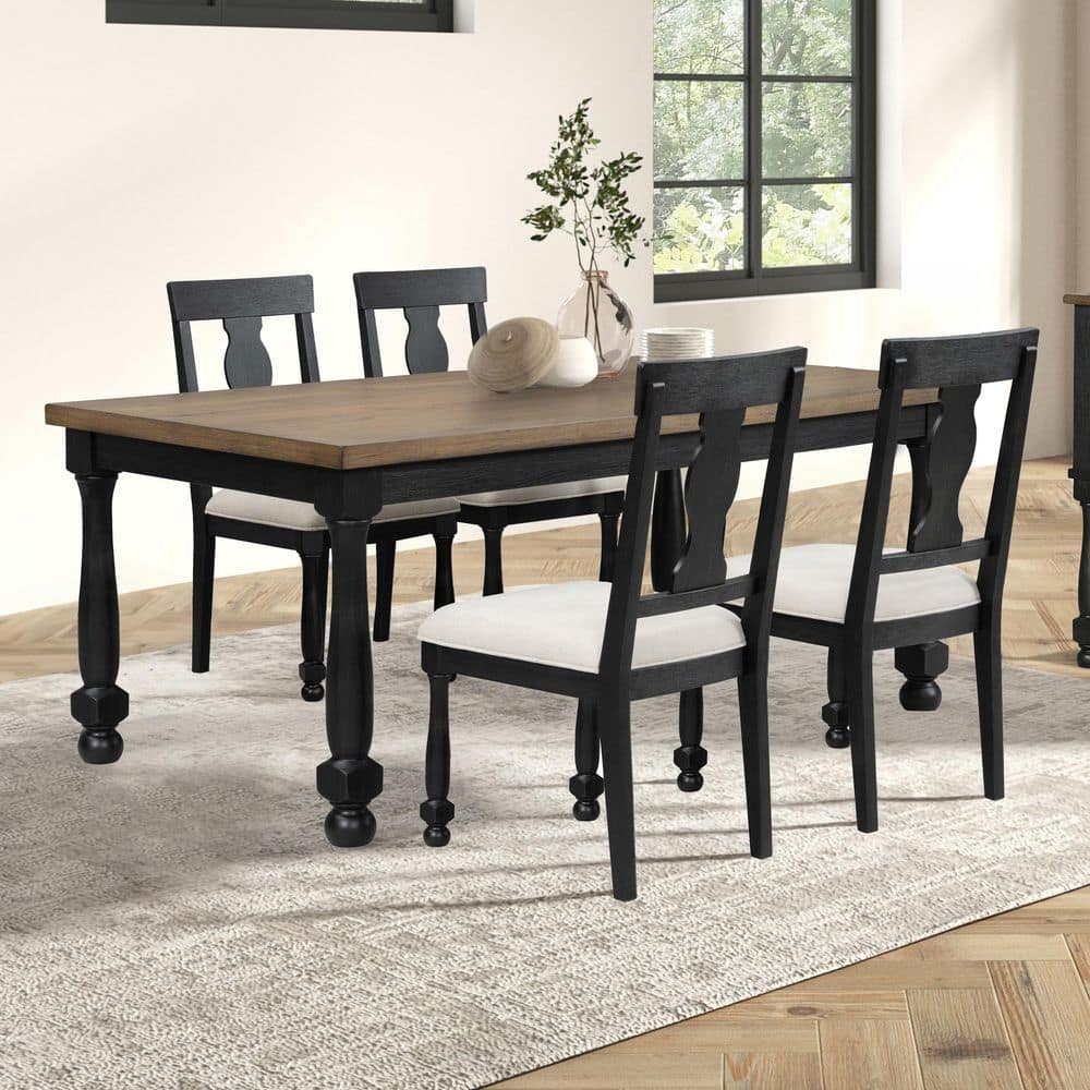 Windcrest 5-Piece Rectangular Brown and Black Wood Top Dining Room Set with Two-Toned Design & Farmhouse Legs (Seats-4)