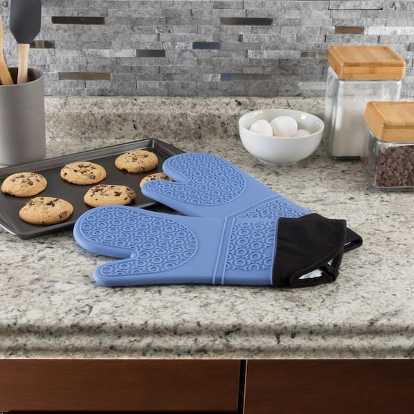 HOMWE Extra Long Professional Silicone Oven Mitt, Oven Mitts with Quilted Liner, Heat Resistant Pot Holders, Flexible Oven Gloves, Navy Blue, 1 Pair