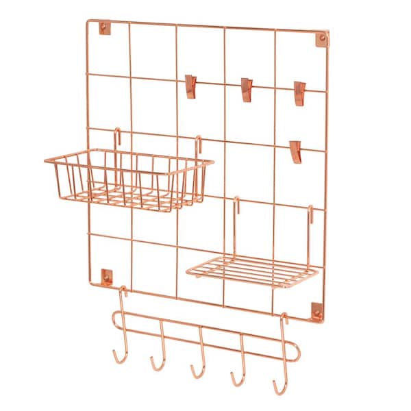 Honey-Can-Do 14.96 in. D x 14.96 in. W x 0.83 in. H Rosy Copper Wire Wall Grid with Storage Accessories (8-Piece Set)
