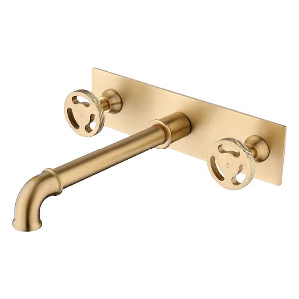 Double-Handle Wall Mounted Bathroom Faucet 3-Holes Brass Modern Bathroom Sink Vanity Taps in Brushed Gold
