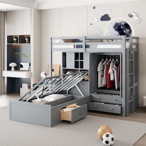 Multi-functional Gray Twin over Twin Bunk Bed with 2-Drawers, Wardrobe, Storage Shelves, Hydraulic Bed