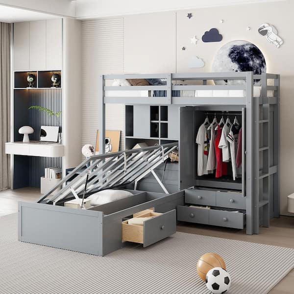 Harper & Bright Designs Multi-functional Gray Twin over Twin Bunk Bed with 2-Drawers, Wardrobe, Storage Shelves, Hydraulic Bed