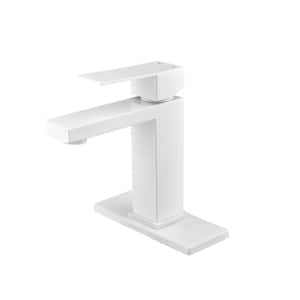 Modern Single Handle Single Hole Bathroom Faucet with Deckplate Included, Hot/Cold Indicator, Stainless Steel in White