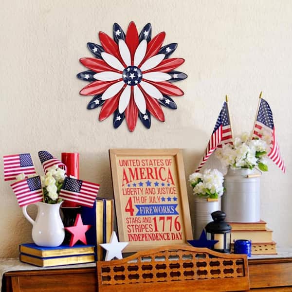 Cubilan 11 in. x 11 in. Red White and Blue Metal Flower Wall Art