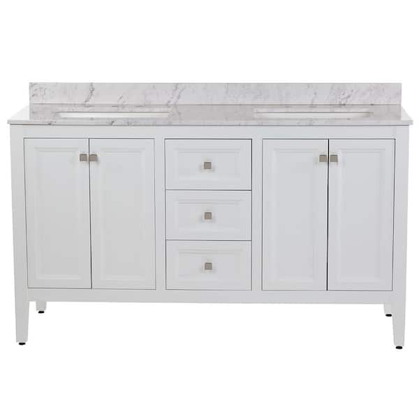 MOEN Darcy 61 in. W x 22 in. D x 39 in. H Double Sink Freestanding Bath Vanity in White with Lunar Cultured Marble Top