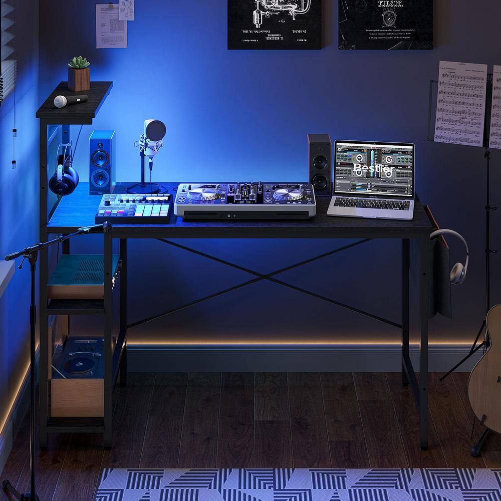 Black 52-Inch Wood Gaming Computer Desk with LED Lights and Shelves