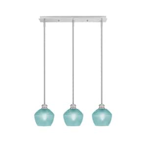 Albany 60-Watt 3-Light Brushed Nickel Linear Pendant Light with Turquoise Textured Glass Shades and No Bulbs Included