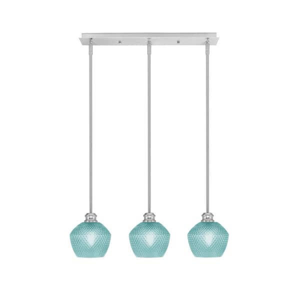 Unbranded Albany 60-Watt 3-Light Brushed Nickel Linear Pendant Light with Turquoise Textured Glass Shades and No Bulbs Included
