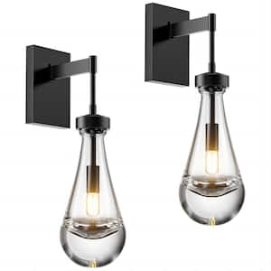 5 in. 1-Light Black Wall Sconce, Raindrop Wall Lighting with Hand Blown Solid Glass, Brass Base and Rod, (2 Sets)