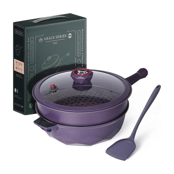 8-in-1 5 qt. Aluminum Nonstick Multipurpose Frying Pan with Lid and Steamed Grid Purple Dishwasher Oven Safe, 1-Piece