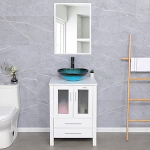 24 in. W x 20 in. D x 32 in. H Single Sink Bath Vanity in White with Turquoise Vessel Sink Top ORB Faucet and Mirror