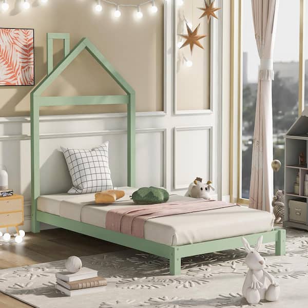 Harper & Bright Designs Green Wood Frame Twin Size Platform Bed with House-Shaped Headboard