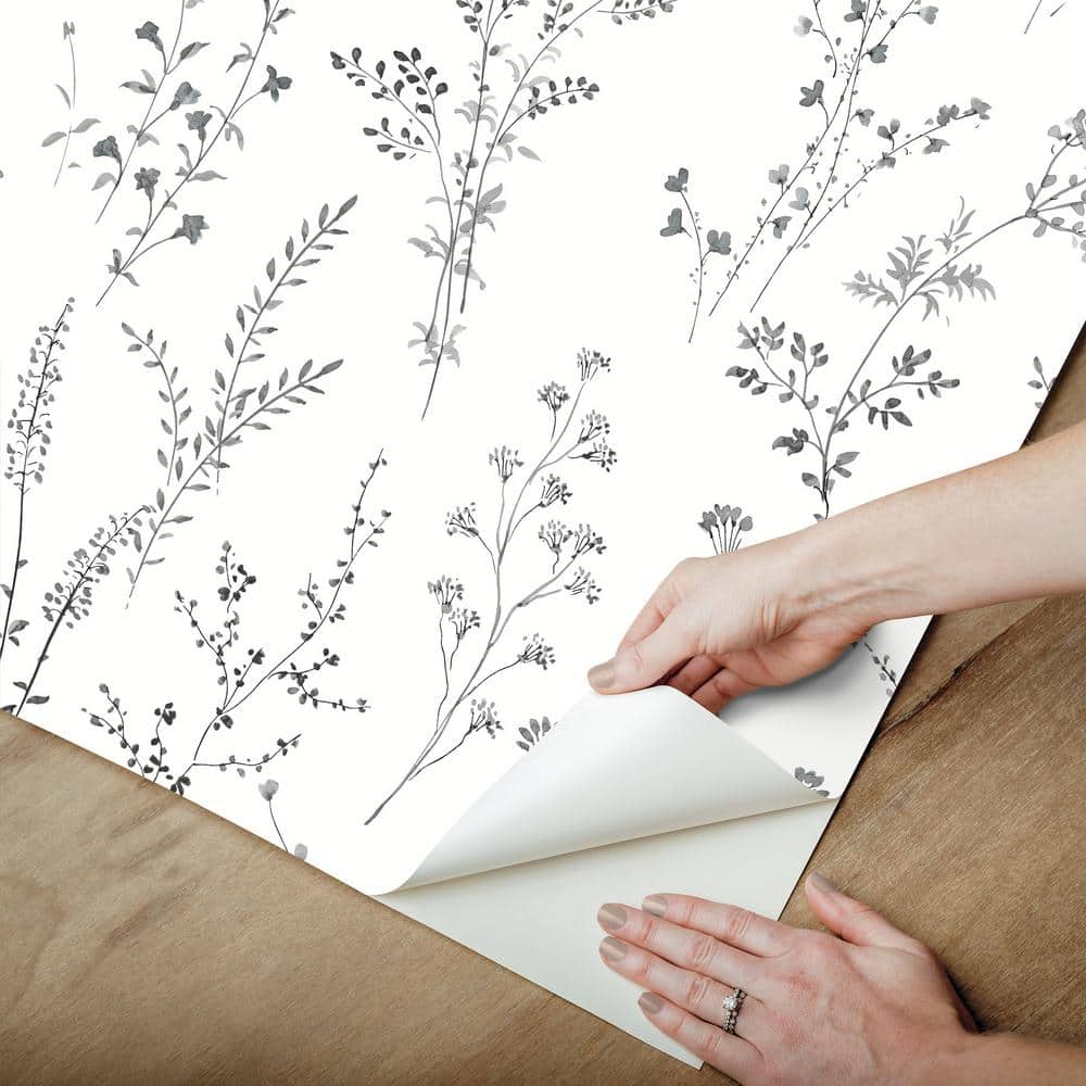 Black and White Wildflower Sprigs Peel and Stick Wallpaper