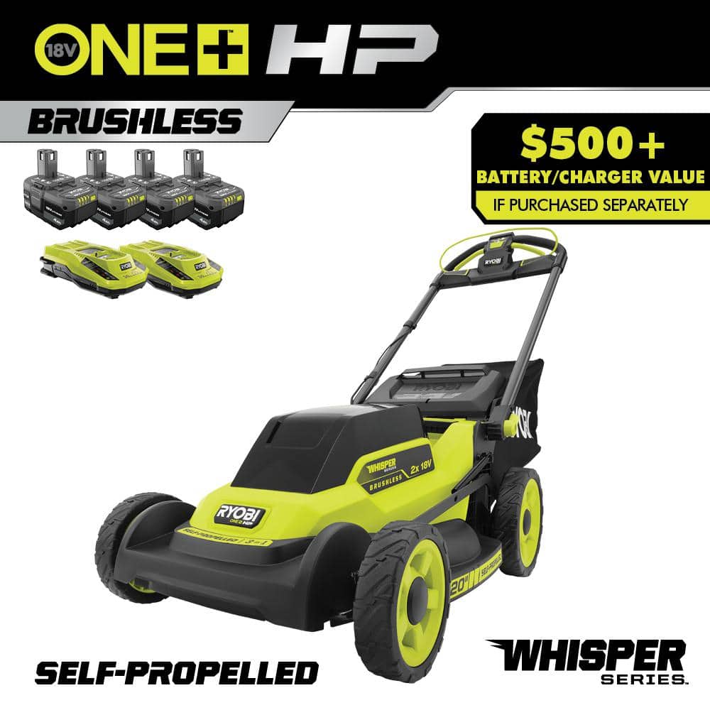 RYOBI ONE+ 18V HP Brushless Whisper Series 20" Self-Propelled Dual Blade Walk Behind Mower-(4) 4.0 Batteries and (2) Chargers