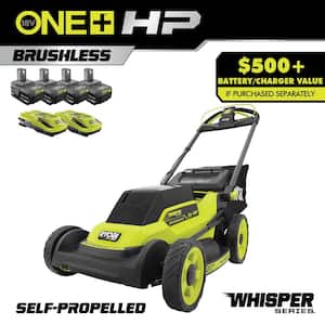 ONE+ 18V HP Brushless Whisper Series 20'' Self-Propelled Multi-Blade Walk Behind Mower - (4) 4.0 Batteries & (2) Chargers