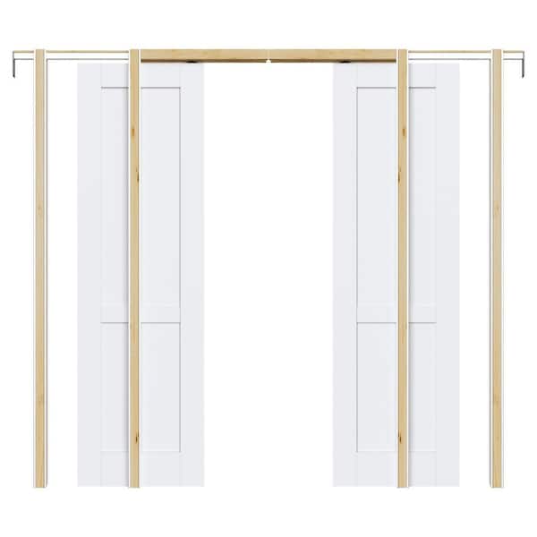 ARK DESIGN 48 in. x 80 in. 2-Lite White Primed Solid Core Door Slab with Wood Pocket Door Frame and Hardware (Soft Close Included)