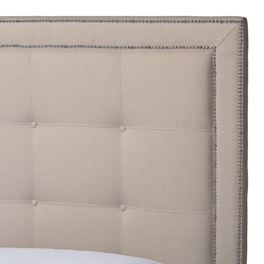 Elegant King-Sized Light Beige Linen Upholstered Bed with Nailhead Trim