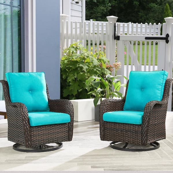 ArcoBay Metal and Brown Wicker Outdoor Rocking Chair Patio Swivel Chairs with Olefin Light Blue Cushions (2-Pack)