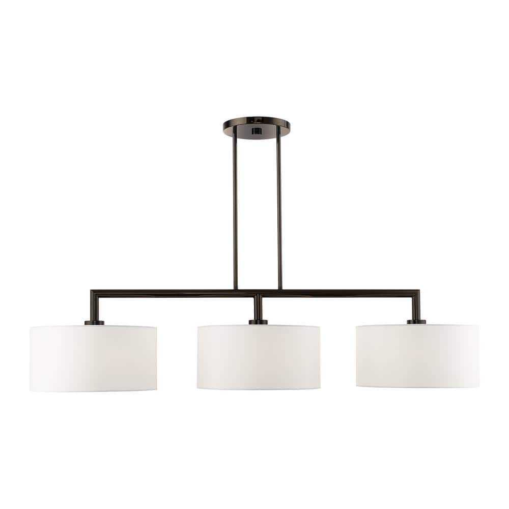 Black Chrome 3-Light Linear Chandelier with Off-White Shades