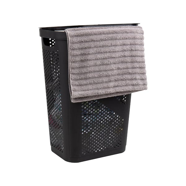 Photo 1 of Basket Slim Laundry Hamper, 60 l, Cut Out Handles, Attached Hinged Lid, Ventilated, Black