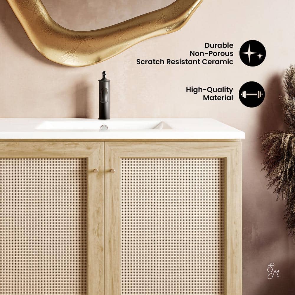 Natural Oak and White Ceramic Freestanding Bathroom Vanity
