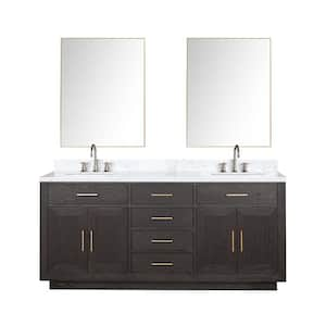 Condor 72 in W x 22 in D Brown Oak Double Bath Vanity, Carrara Marble Top, Faucet Set, and 34 in Mirrors