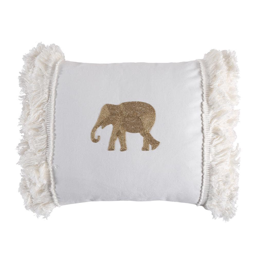 LEVTEX HOME Nacala White Bronze Embroidered Elephant With Lush Fringe   Throw Pillows L14230p D 64 1000 