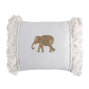 Nacala White, Bronze Embroidered Elephant With Lush Fringe Side Edge 18 in. x 14 in. Throw Pillow
