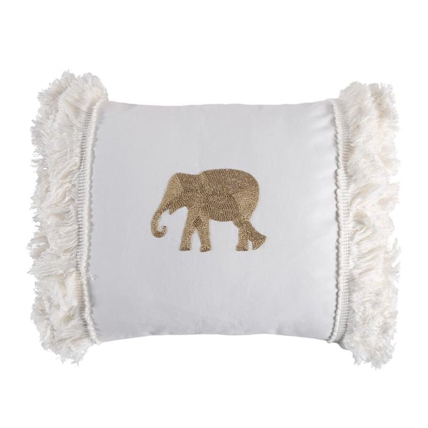 LEVTEX HOME Nacala White, Bronze Embroidered Elephant With Lush Fringe Side Edge 18 in. x 14 in. Throw Pillow