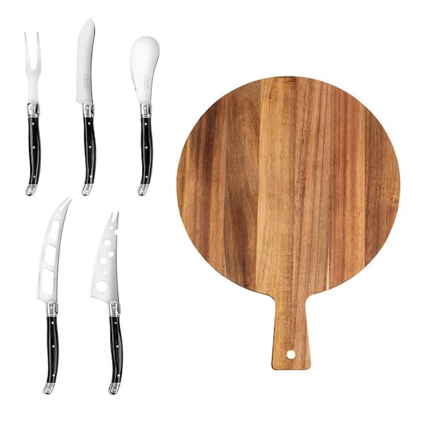French Home Laguiole 6-Piece Black Pakkawood Artisan Cheese Knife and Wood Board Set
