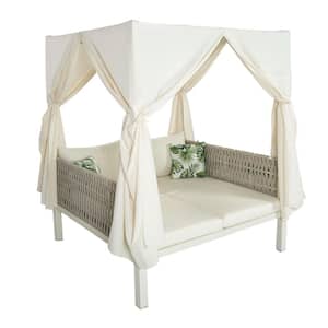 White Metal Outdoor Patio Sunbed Day Bed with Beige Curtains and Beige Cushions