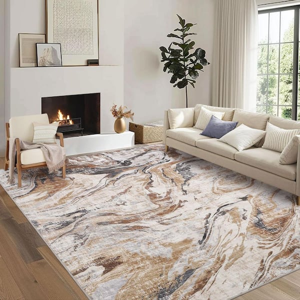 Brown 9 ft. x 12 ft. Modern Abstract Foldable Machine Washable Polyester Area Rug