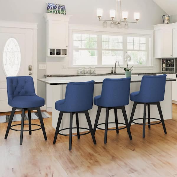 Rowland 26.5 in Seat Height Navy Blue Upholstered Fabric Counter Height Solid Wood Leg Swivel Bar stool（Set of 4）