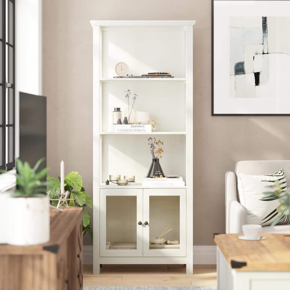 TAYLOR + LOGAN 68 in. Tall White Engineered Wood 3 Shelf Standard Bookcase with Glass