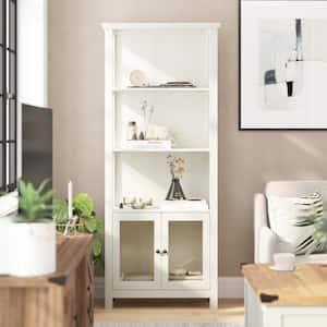 68 in. Tall White Engineered Wood 3 Shelf Standard Bookcase with Cabinets, Glass Doors