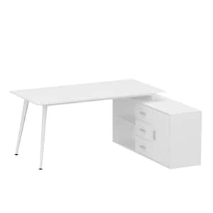 55.1 in. Width L-Shaped White Wooden 3-Drawer Writing Desk, Computer Desk with 2 Open Shelves & 1 Hutch
