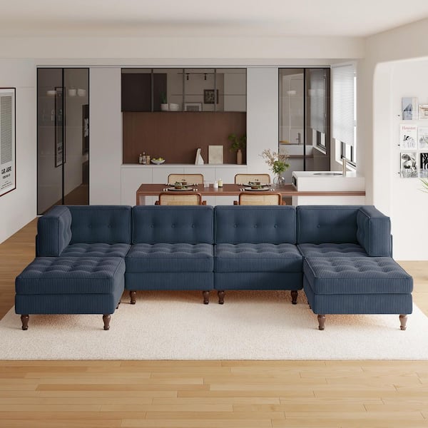 Uixe 130.8 in. Square Arm 6-piece Corduroy U-Shaped Sectional Sofa