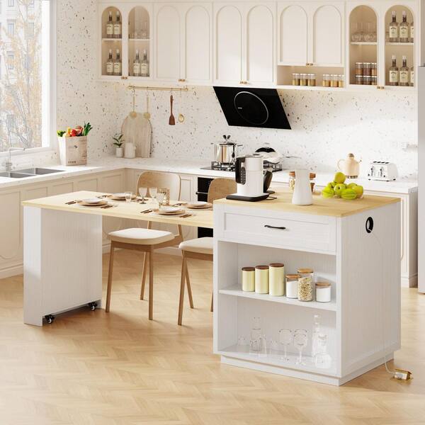 Extendable Dining Table White Wood Top 82.7 in. Kitchen Island with Double-Sized Storage, Power Outlet