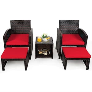 5-Piece Wicker Patio Conversation Set with Red Cushions Sofa Coffee Table Ottoman