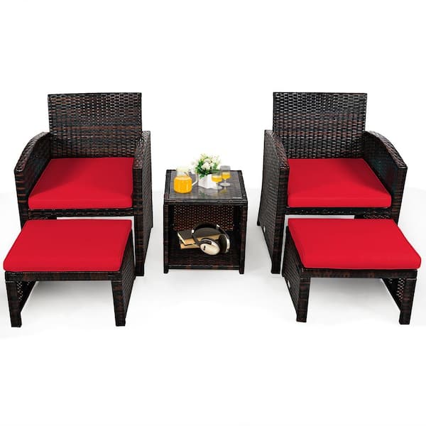 Costway 5-Piece Wicker Patio Conversation Set with Red Cushions Sofa Coffee Table Ottoman