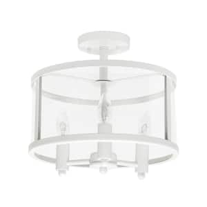 13 in. 3-Light White Iron and Glass Shade Industrial Ceiling Mounted Round Semi-Flush Mount