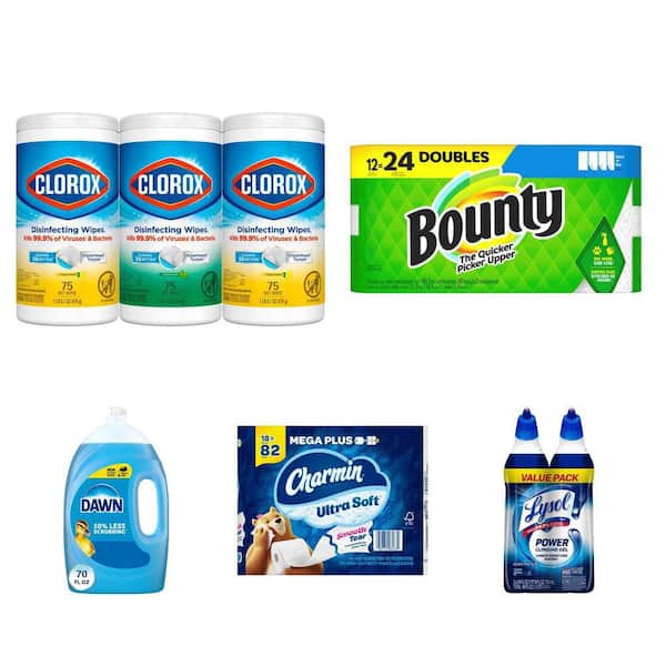 Crisp Lemon Disinfecting Wipes (3-Pack), Paper Towels, 70 oz Dish Soap, Toilet Paper, Toilet Cleaner (2-Pack)