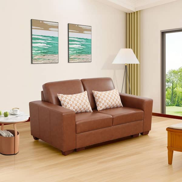 70 in. Straight Arm Genuine Cow Leather Rectangle Sofa in Brown, Mid Century Modern Loveseat Sofa without Ottoman