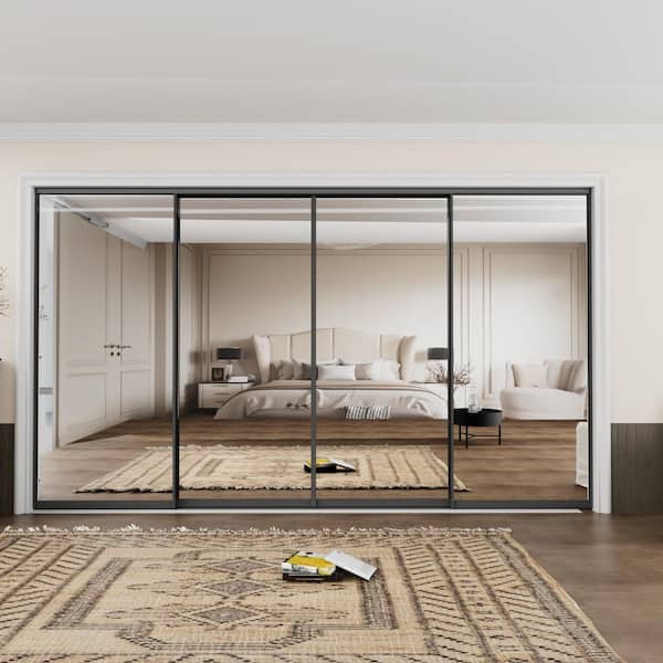 144 in. x 80 in. 1-Lite Black Mirrored Glass and Aluminum Frame Finished Closet Sliding Door with Hardware Kit