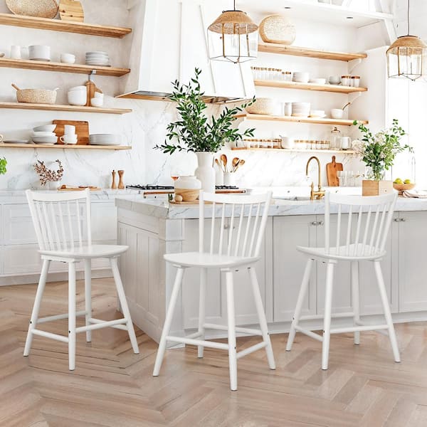 LUE BONA Winston 24 in. White Classic Windsor Barstool Solid Wood Farmhouse Counter Height Stool with Spindle Back (Set of 3)